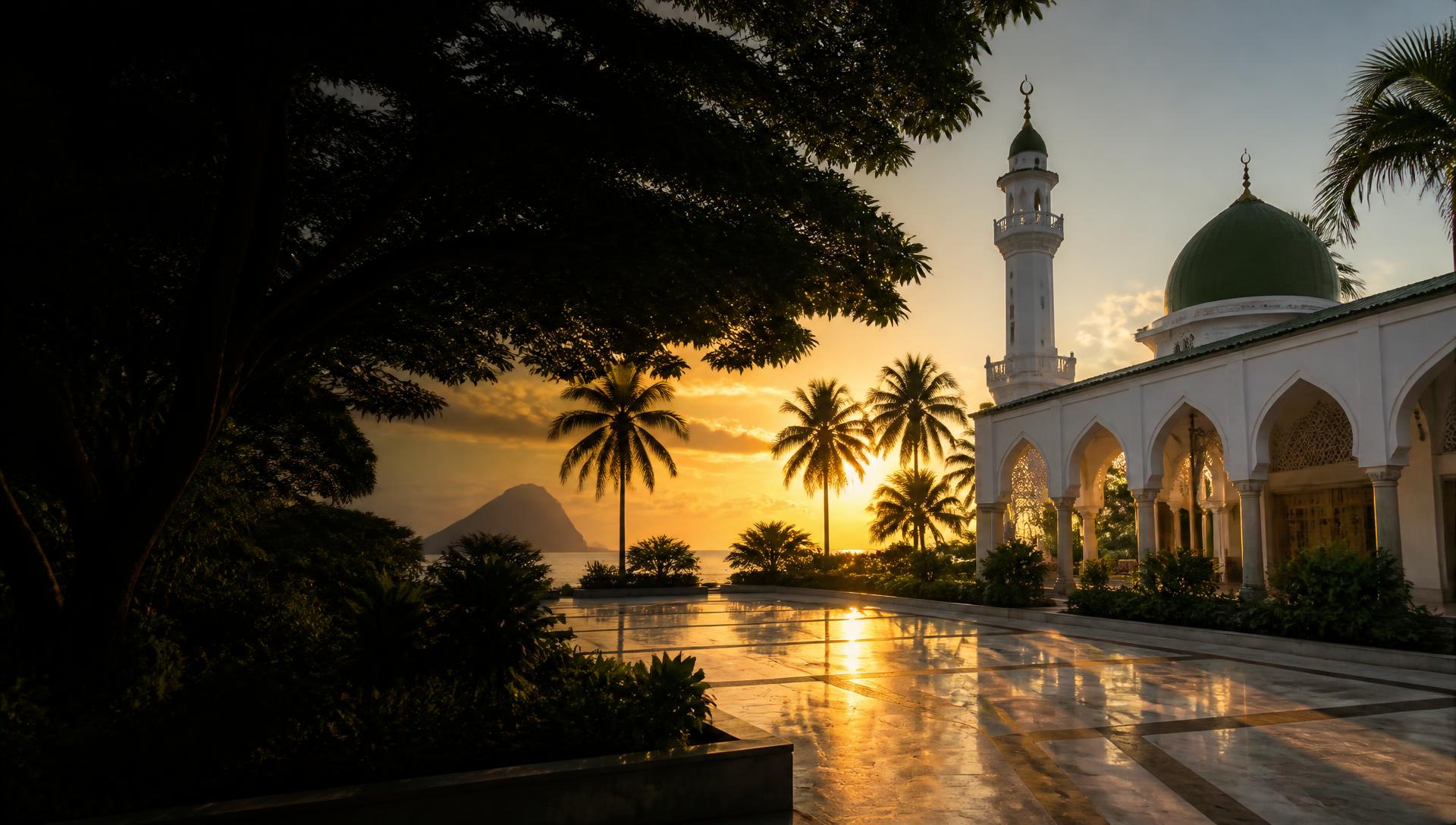A mosque courtyard in Mauritius at golden hour